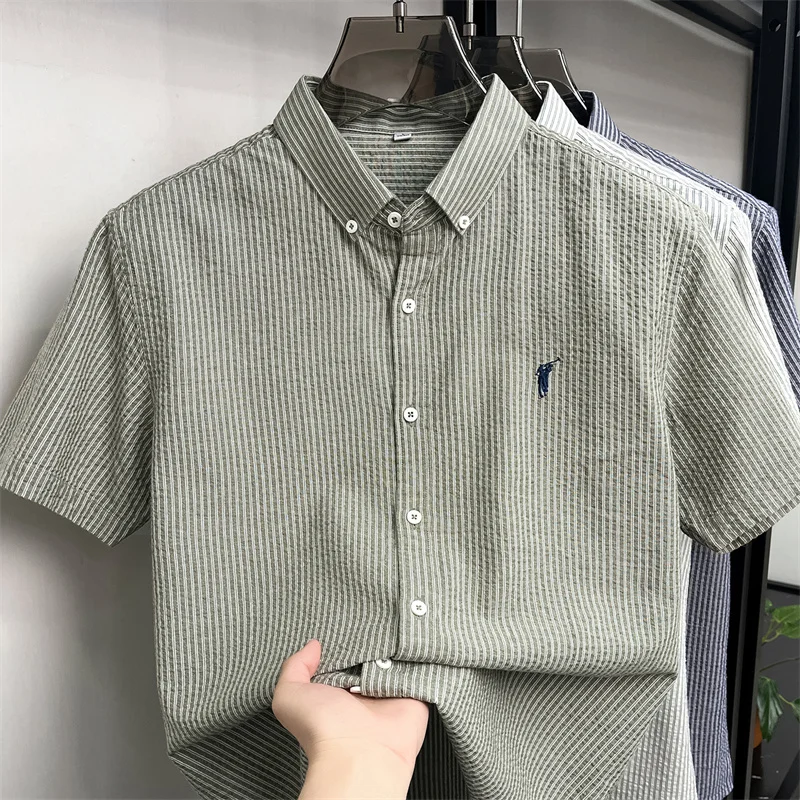 Designer brand short sleeve shirt 100% cotton men's summer comfort high-end pony embroidery fashion stripe golf casual new top