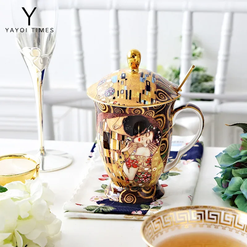 Klimt Kiss Porcelian Mugs Coffee Cups With Spoon Gustav klimt Bone china Wedding Birthday Gifts Office Drinkware Home Decoration