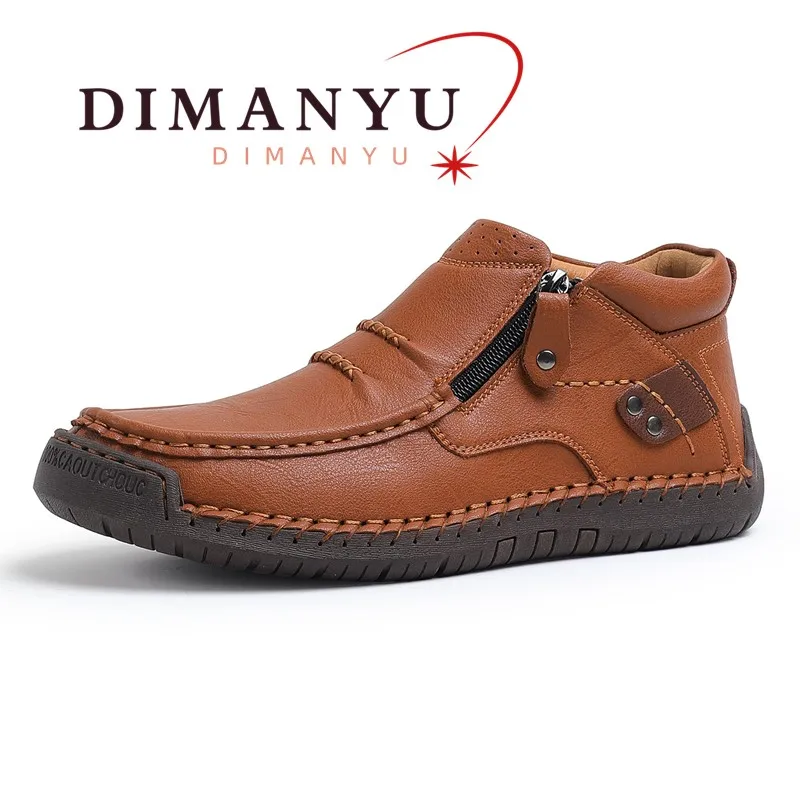 DIMANYU Men Genuine Leather Ankle Boots Hand‑Stitched Moccasins Non‑Slip  Retro Casual Short Booties For Men