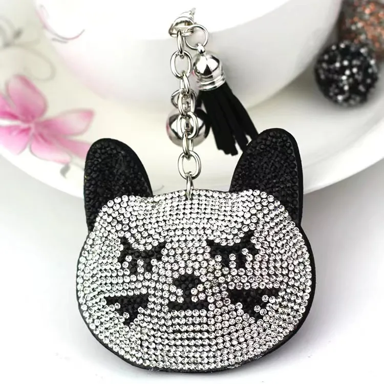 Rhinestone Cat Head Keychain Tassel Pendant, Bling Crystal Kitty Key Ring, Animal Key Charm Bag Car Decor Gift