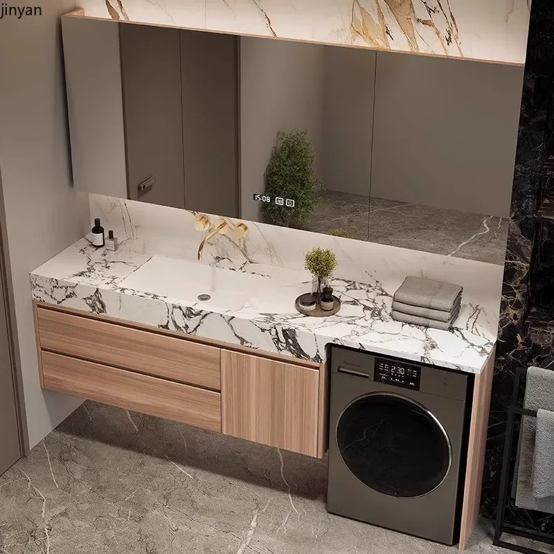 

Bathroom Vanity with Slab Ceramic Sink Wall-Mounted Plywood Bathroom Storage Cabinet with Drawer and Doors Washer Sintered Stone