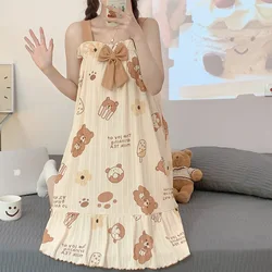 Damen Nachthemden Baumwolle Nachtwäsche Kleid Prinzessin Nachtkleid Bärendruck Nachtkleid Einteiliger Pyjama Schlinge Ärmellose Nachtwäsche