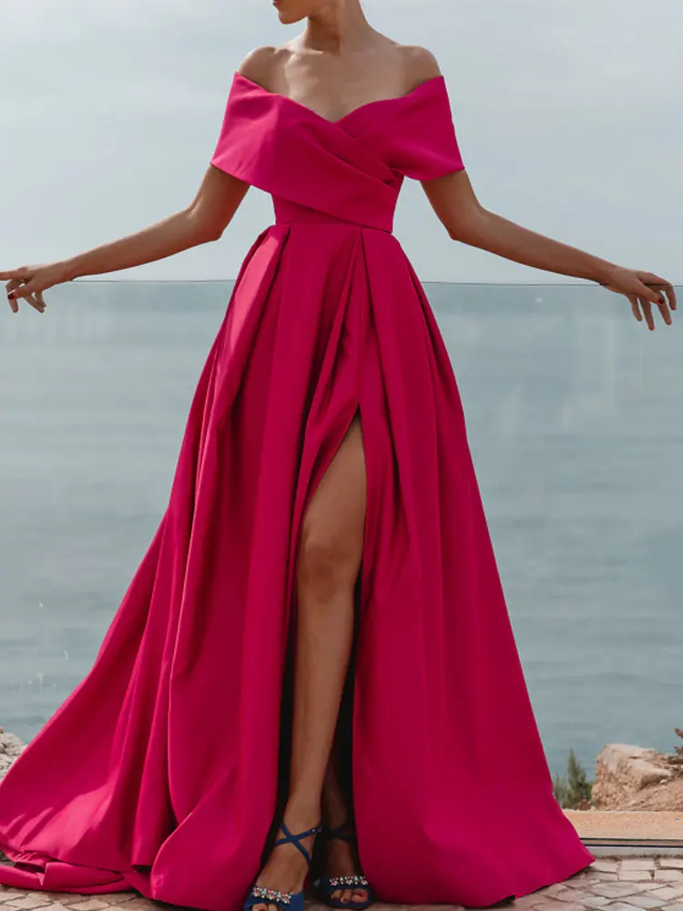 

A-Line Evening Gown Elegant Dress Formal Wedding Court TrainSleeveless off Shoulder Bridesmaid Dress Satin with Ruched Slit 2024