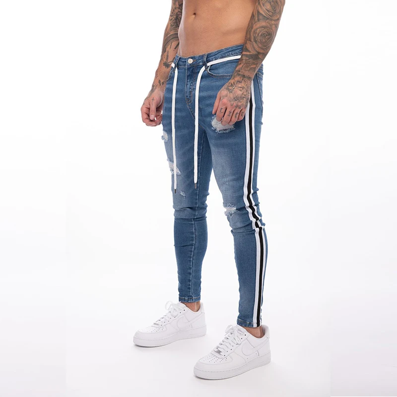 2024 Ripped Skinny White Jeans Men Vintage wash Side-Stripe Denim Pants Mens Casual Slim fit pencil denim Joggers Trousers