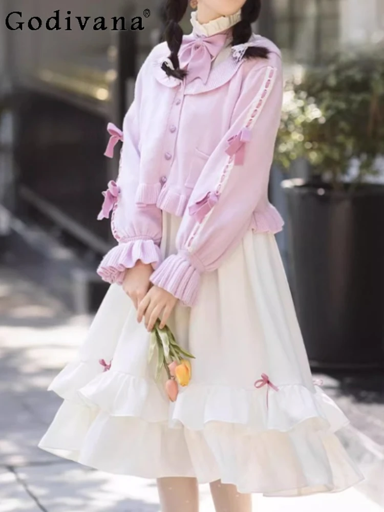 

Spring Autumn New Fashion Elegant Versatile Age Reduction Long Sleeve Dress High Waist Sweet Bow Ruffles Japanese Cake Dresses