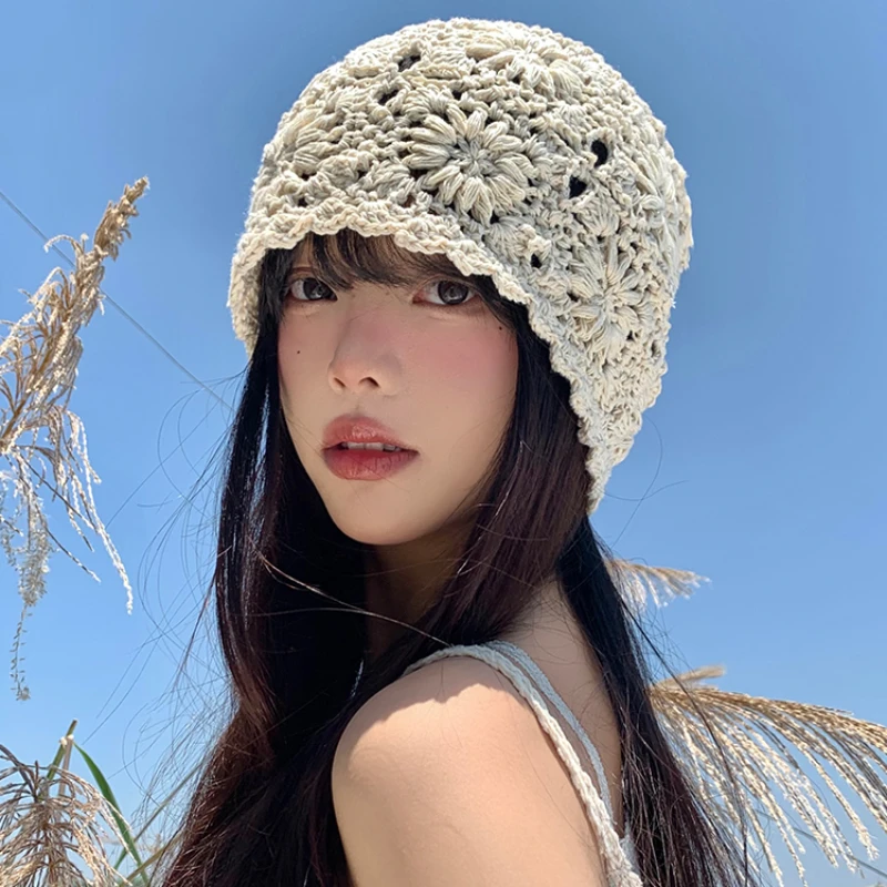 Japanese Hand-woven Pullover Women\'s Caps Spring and Summer Travel Versatile Thin Hollow Breathable Knitted Beanies Hat