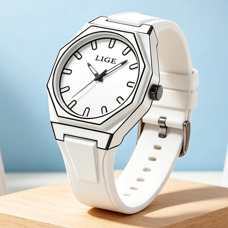 

LIGE 2D Comic Line Drawing Watch Men Octagon White Silicone Waterproof Minimalist Sketch OutlineQuartz Wristwatch Reloj Hombre