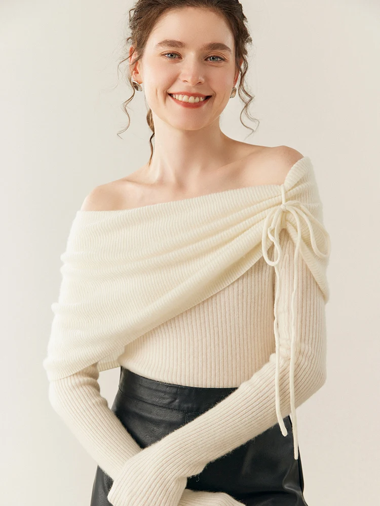 ADDONEE Women's 100% Cashmere Sweater Ruffled Collar Pullover Slash Neck Cashmere Knitwear Autumn Winter Grace Soft Clothes