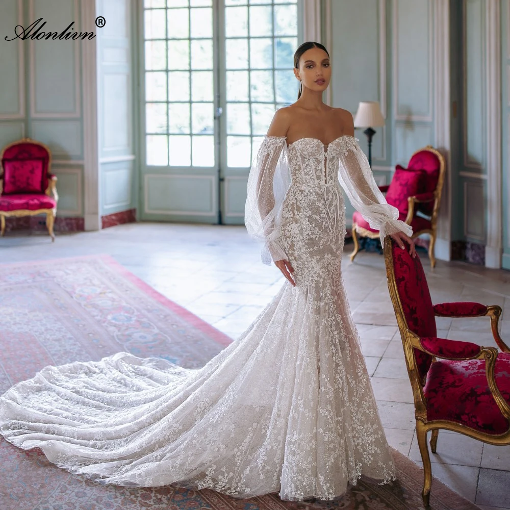 

Alonlivn Delicate 3D Floral Lace Mermaid Wedding Dresses Fantastic Sweetheart Off Shoulder Sleeves Trumpet Bridal Gowns