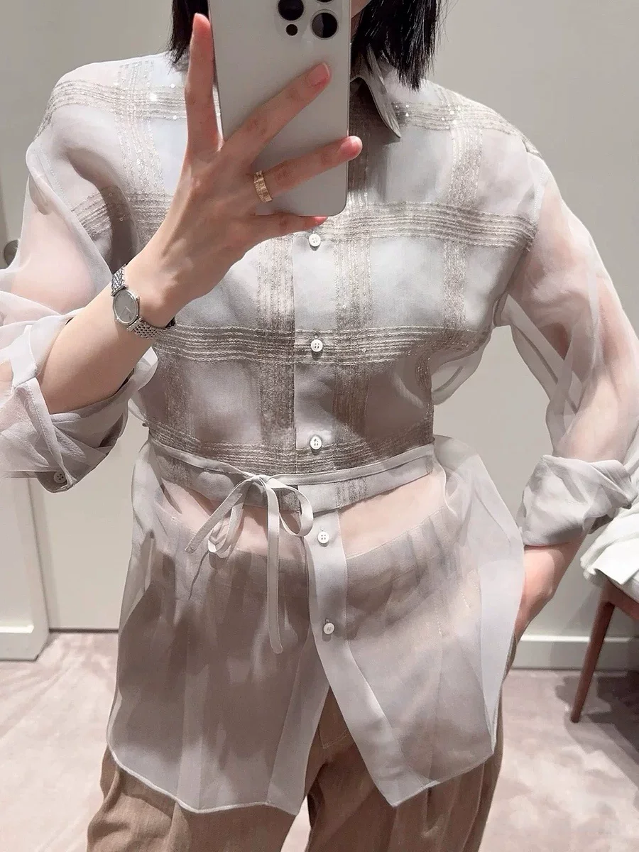 

High Quality Casual Striped Transparent Silk Blouse Elegant Ladies Fashion Lace-up Sequin Embroidered Grey Shirt