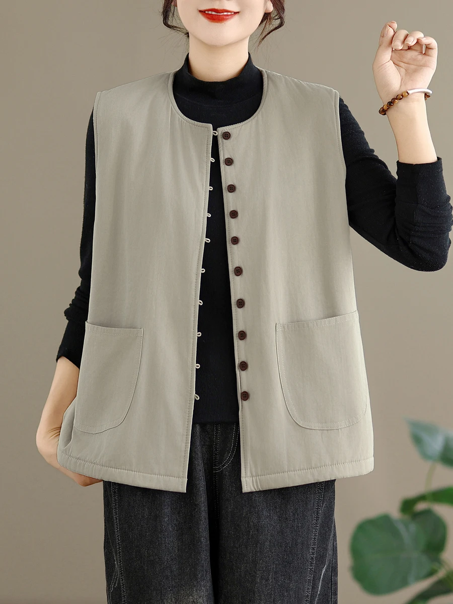 

Casual Cotton Blend Vest Outerwear Women's Autumn Winter round Ne Layering Svel oulder Pad Open Cardigan Top