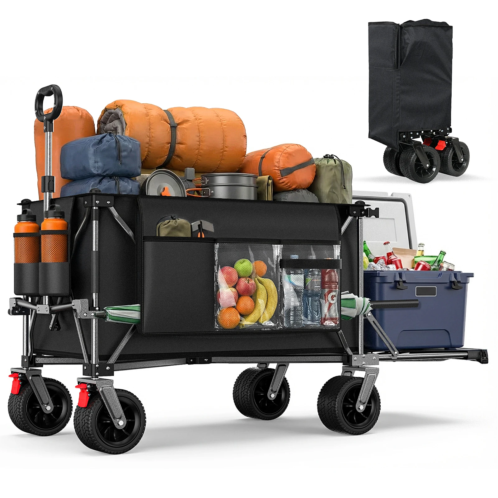 Chariot pliable 200L+100L et chariot de chargement arrière, chariot pliable 140 cm avec largeur supplémentaire 17x10 cm, roues tout-terrain, chariot à main, idéal pour le jardin, les courses, la plage et les activités de plein air (noir)