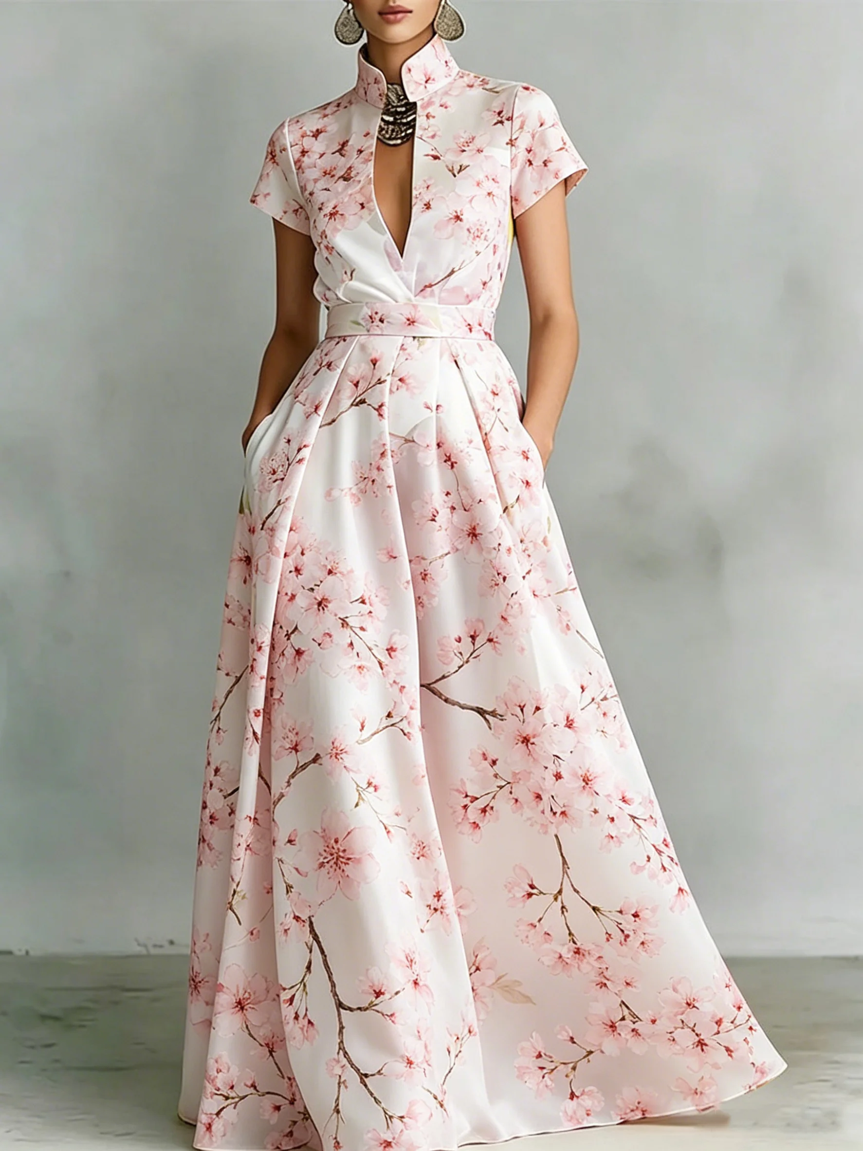

Women's Elegant Stand Collar Pink Floral Print Dress For Women Short Sleeve Side Pocket Slim Summer Fashion Evening Long Gown