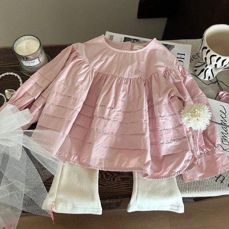 Korean Children's Clothing 2025 New Spring Girls Heavy Industry Round Neck Doll Shirt Children's Fake Two-piece Leggings Set