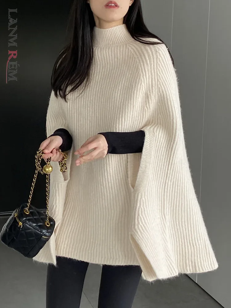 LANMREM Elegant Knited Cloak Women's Stand Collar Batwing Sleeves Solid Color Loose Sweaters Female 2024 Autumn New 2Z3134