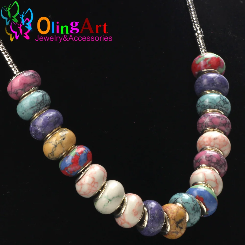 OlingArt 14x7mm 12Pcs/lot Synthetic European large hole beads 5MM Multicolor mixing  DIY bracelet/necklace Jewelry making