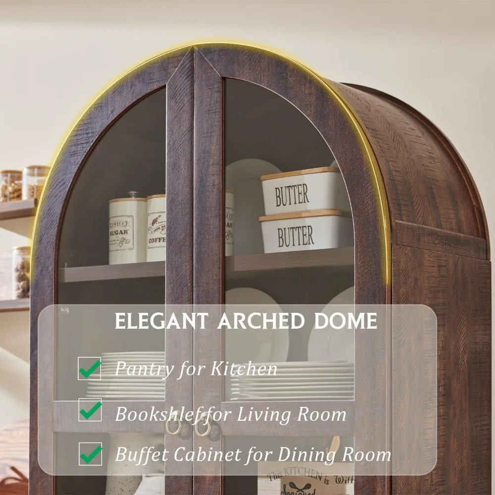 71" Tall Arched Kitchen Pantry Cabinet, Wood Kitchen Storage Cabinets with 2 Large Drawers and Adjustable Shelves image 4