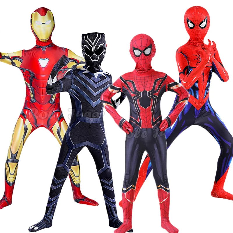 Boys Amazing Spider Man Cosplay Black Panther Ironman Costume for Kids Adult Superhero Peter Parker Zentai Halloween Costumes