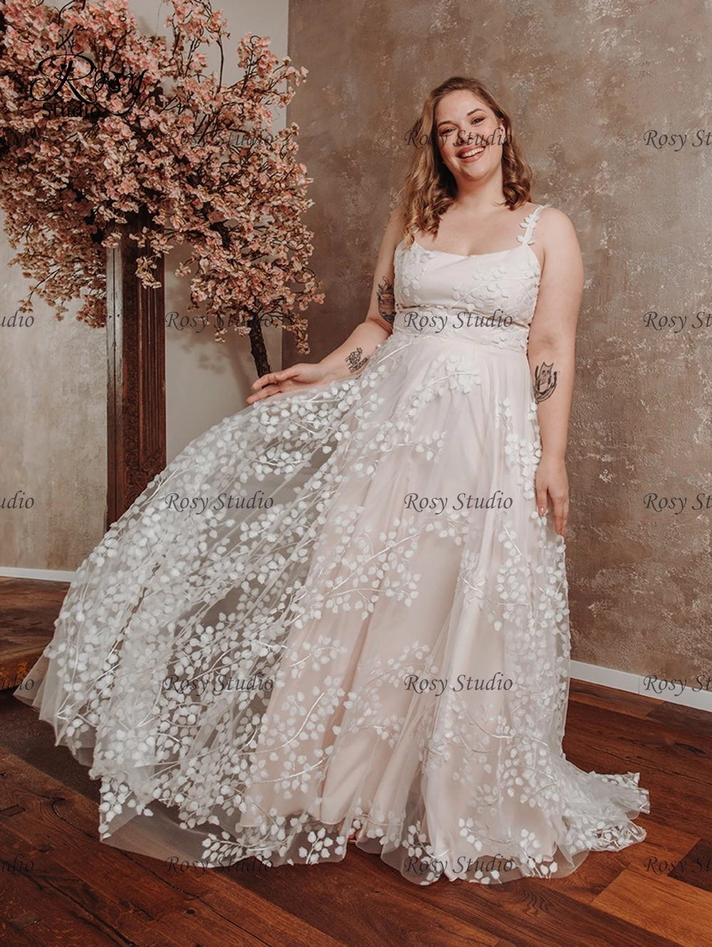 Precioso vestido de novia de talla grande, vestido de novia de línea a de encaje, tirantes finos, abertura frontal, personalizado