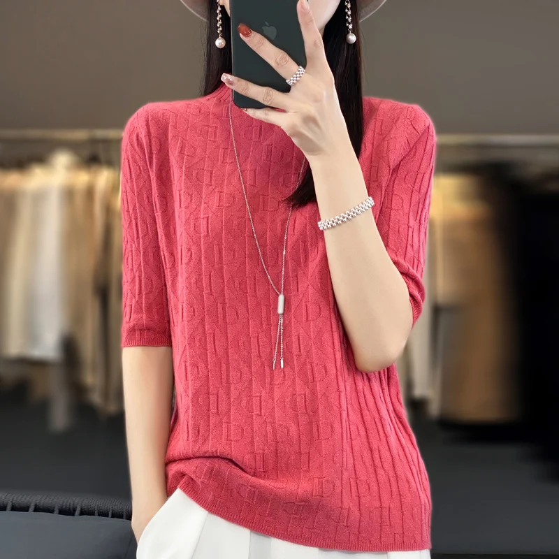 Spring and Summer 2023 New Women's Half Turtleneck Neck Short Sleeve Exquisite Cashmere Short sleeve Sweater Pullover