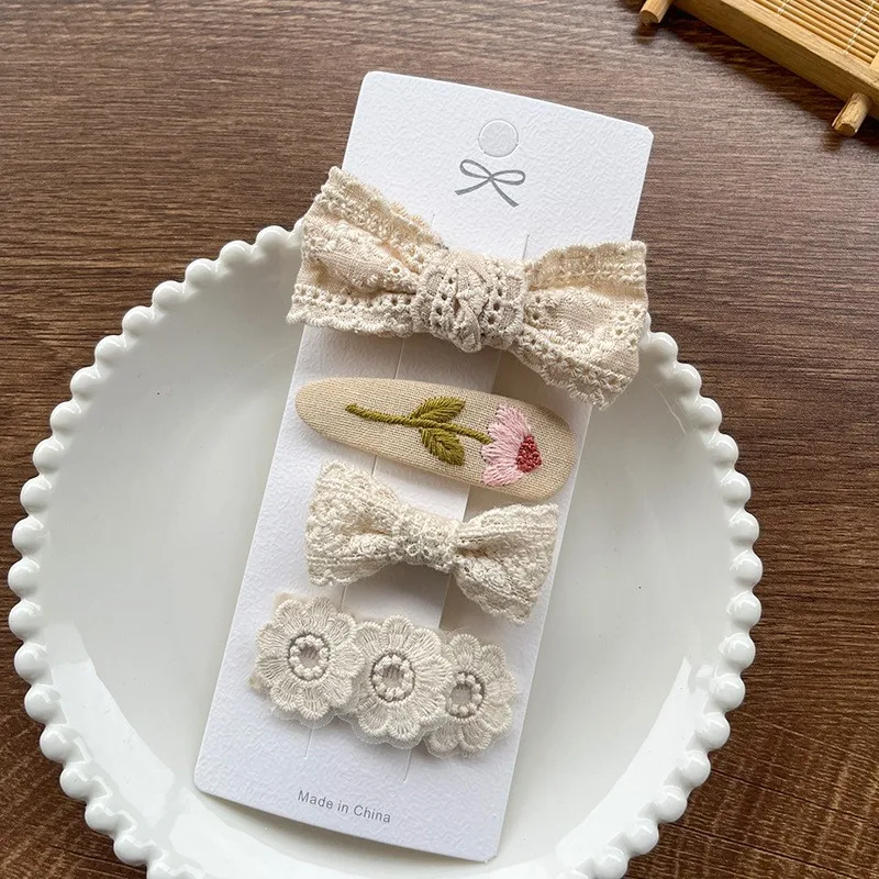 4PPCS Spring Floral Embroidery Women Hairclips Set Kids Girl