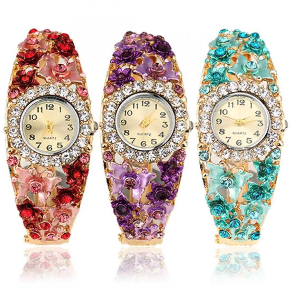 

Flower Butterfly Women Watch Dial Rhinestone Bracelet Wristwatch Rhinestone Fashion Wristwatch Female Casual Ladies Watches