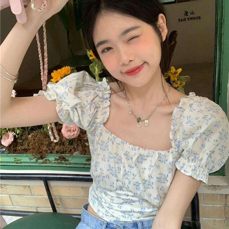 Blouses Women Puff Sleeve Fashion Casual Floral All-match Crop Tops Sweet Prairie Chic Thin Summer Ulzzang Tender Slim Simple