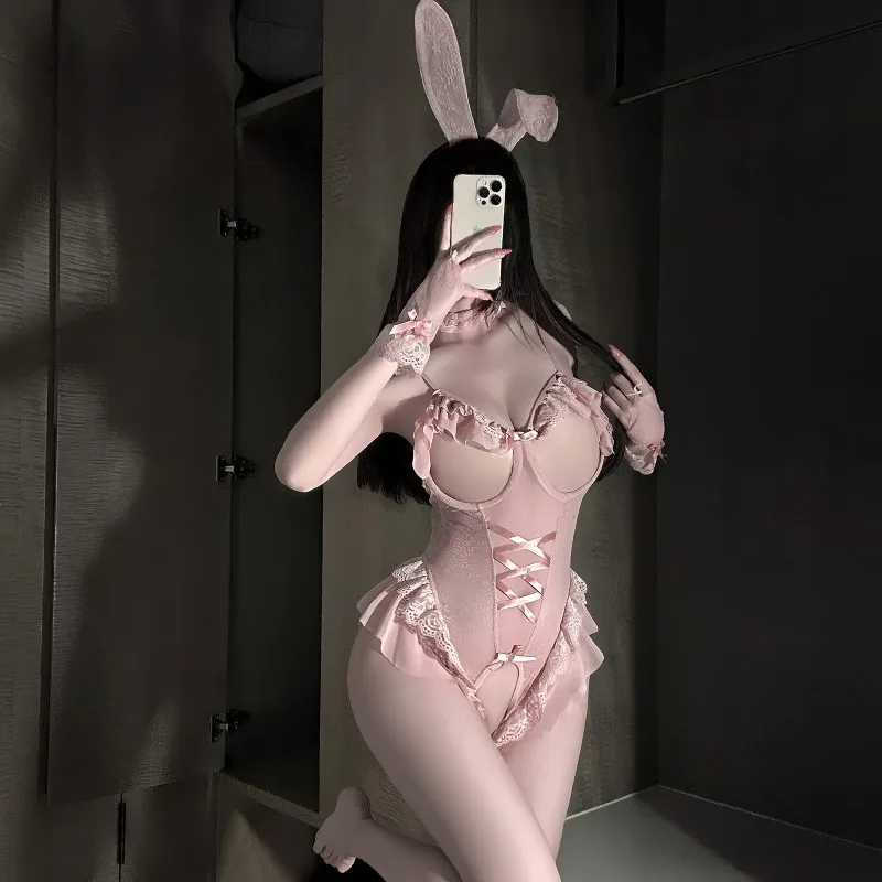 

Sexy Lace Bunny Girl Uniform Cosplay Costumes Mesh Bodysuit Cute Underwear Rabbit Roleplay Nightgown Lingerie Anime Temptation