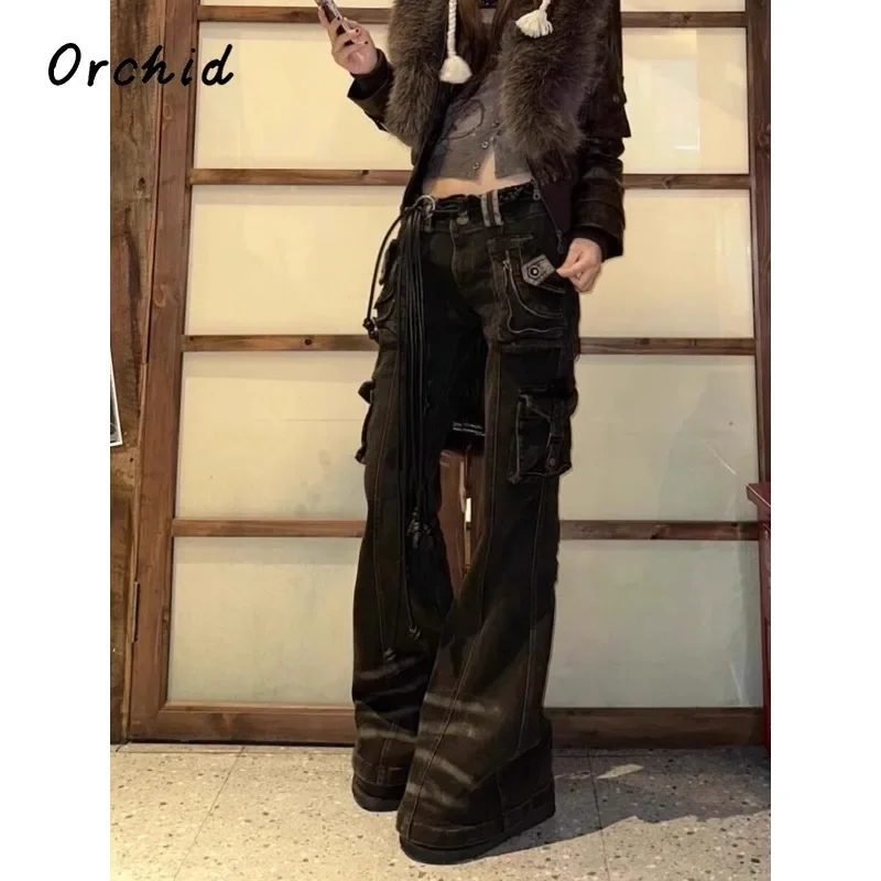 Kadın Kore Moda Tomboy Kot Grunge Japon Harajuku Gyaru Y2K Denim Kargo Pantolon Cyber Punk 2000 s Estetik Pantolon