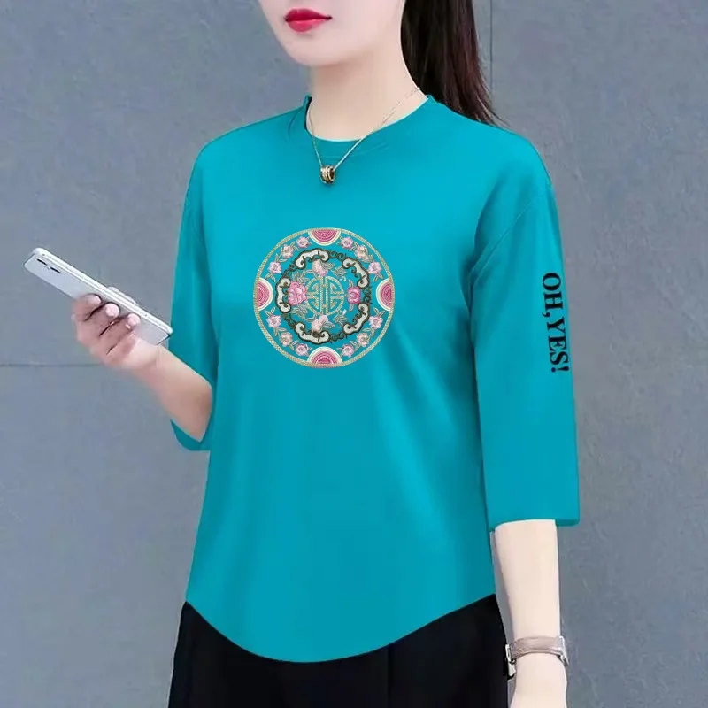 

Свободная блузка с цветочным принтом и рукавом три четверти для женщин среднего возраста в корейском стиле, больших размеров, с эффектом похудения