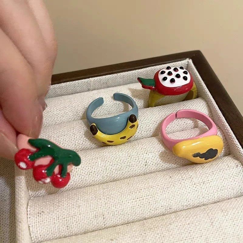 Summer Resin Fruit Ring Cherry Ring Banana Finger Ring Korean Jewelry Papaya Pitaya Grape Persimmon Cartoon Ring for Girls