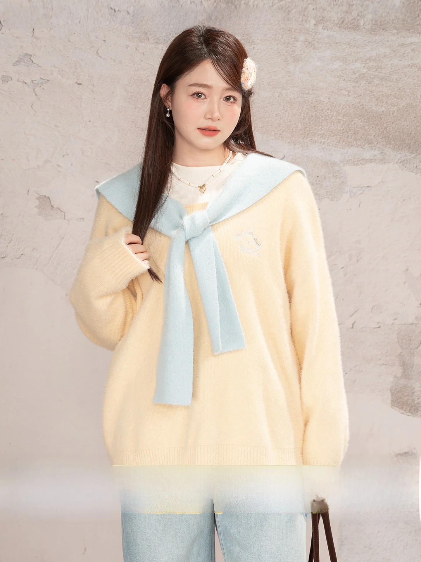 

Yellow Oversized Sweater with awl Fake Two-Piece Loose Comfortable Fat Friendly Women's Autumn Winter Faion Casual Top