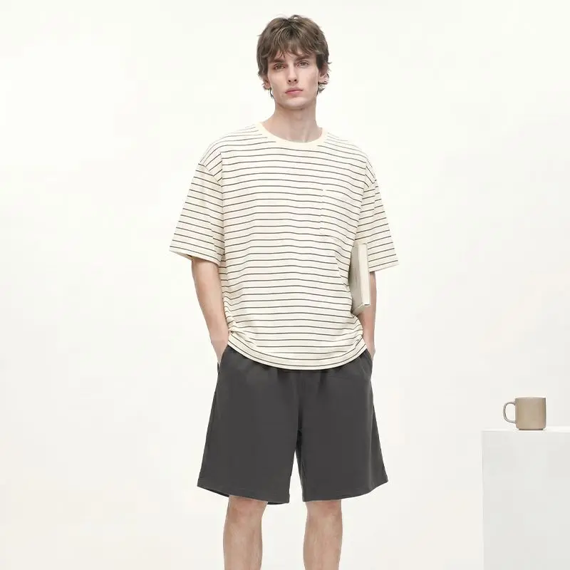 2026 Summer Short Sleeve 100% Cotton Casual Striped Pajama Sets for Men Korean Loose Sleepwear Pyjama Male Homewear Home Clothes