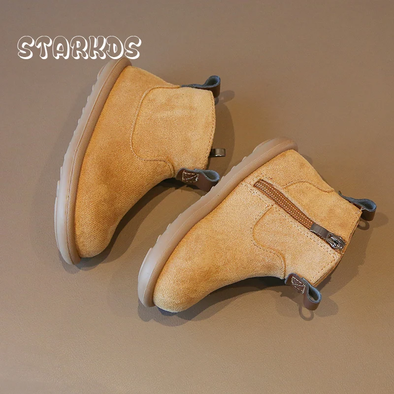 Botas cortas cálidas de felpa para bebés y niños pequeños, botines planos con cremallera lateral, zapatos informales de invierno