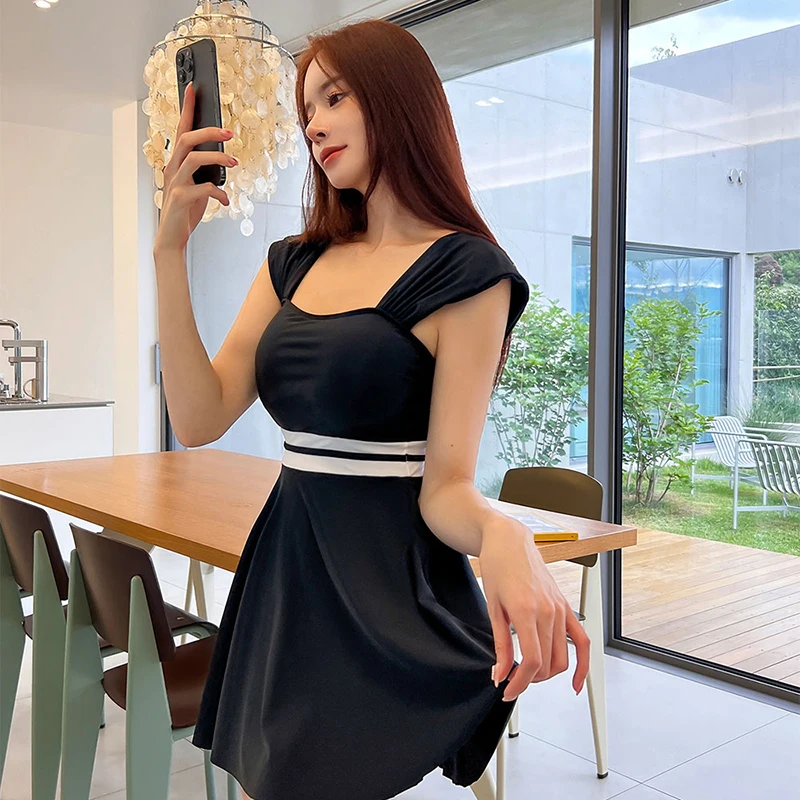 Women\'s 2023 Summer Black Modest Bathing Suit Dress Push Up One Piece Swimsuit Solid Skirt Slimming Plain Female Swimwear