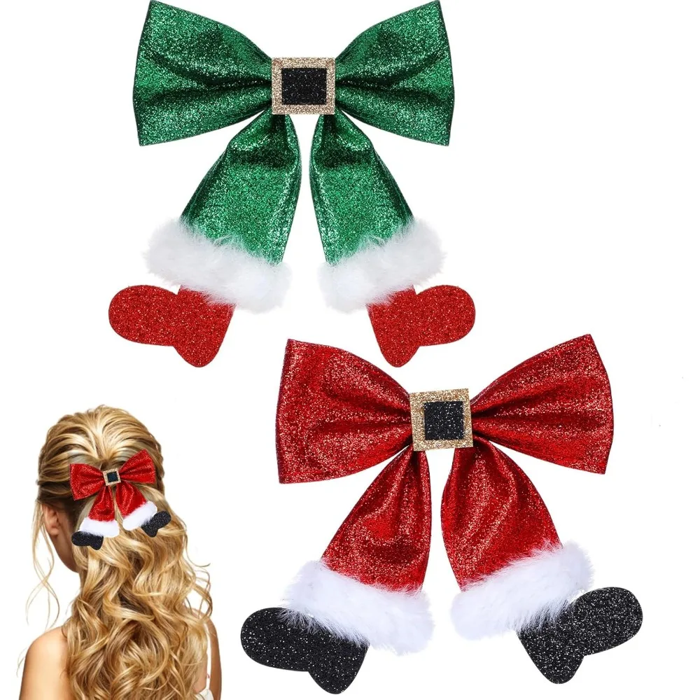 

Christmas Hair Clips – 2 Pcs Glitter Red & Green Bows for Girls & Women – Holiday Party Barrettes
