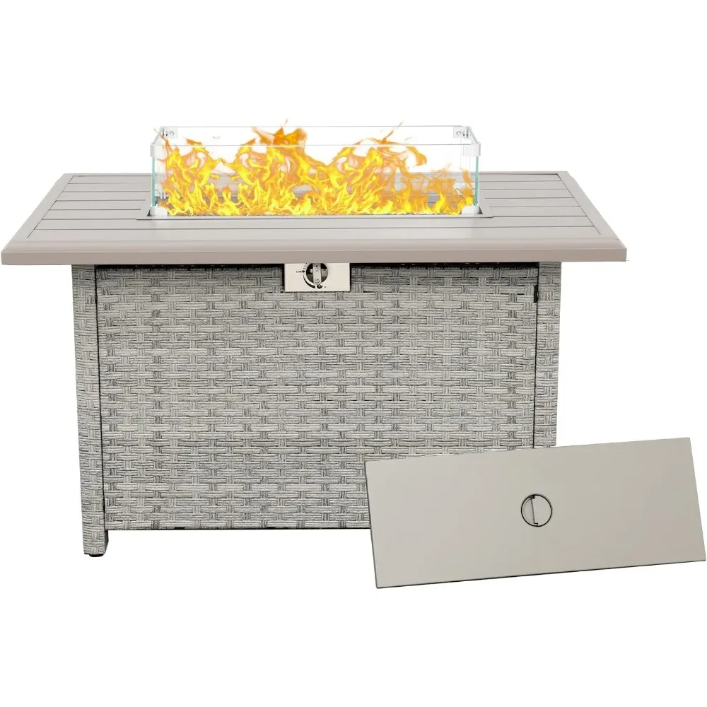 

Outdoor Propane Fire Pit, 43 Inch PE Wicker Patio Fire Pit Table with Glass Wind Guard, Fire Glass, and Waterproof Cover