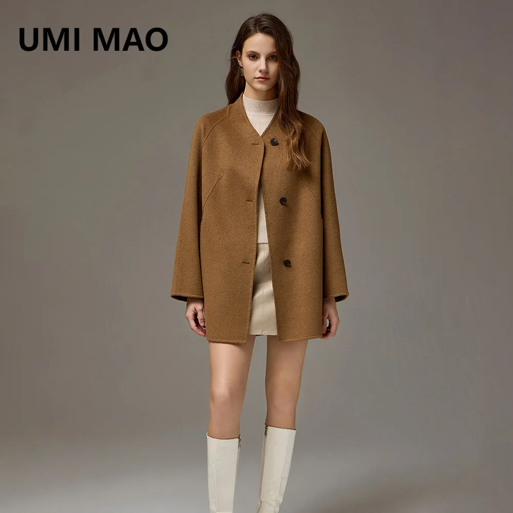 

UMI MAO новое многофункциональное двустороннее пальто из норкового меха с воротником-стойкой средней длины, кашемировое шерстяное двустороннее пальто, осенне-зимнее женское пальто