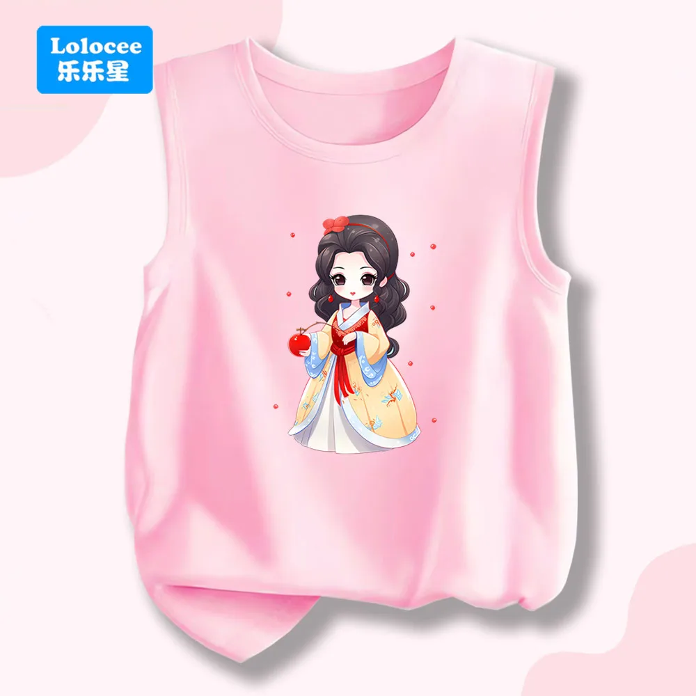 

Kawaii Cartoon Princess Print Pink Sleeveless Tank Top for Kids - Cute Summer Vest Round Neck Cotton Singelet NHGZ2