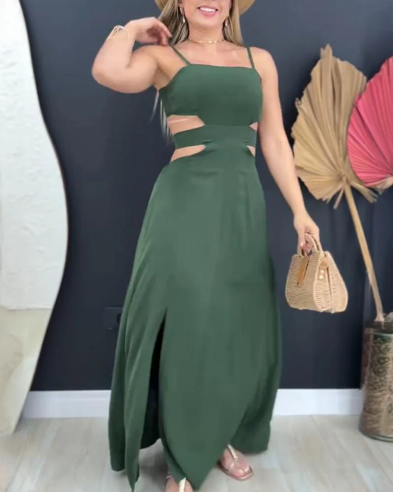 

2025 Women's Leisure Vacation Style, Elastic Waist, Exposed Back, Split Suspender Dress Hollow Out Lace Up Dress for Summer