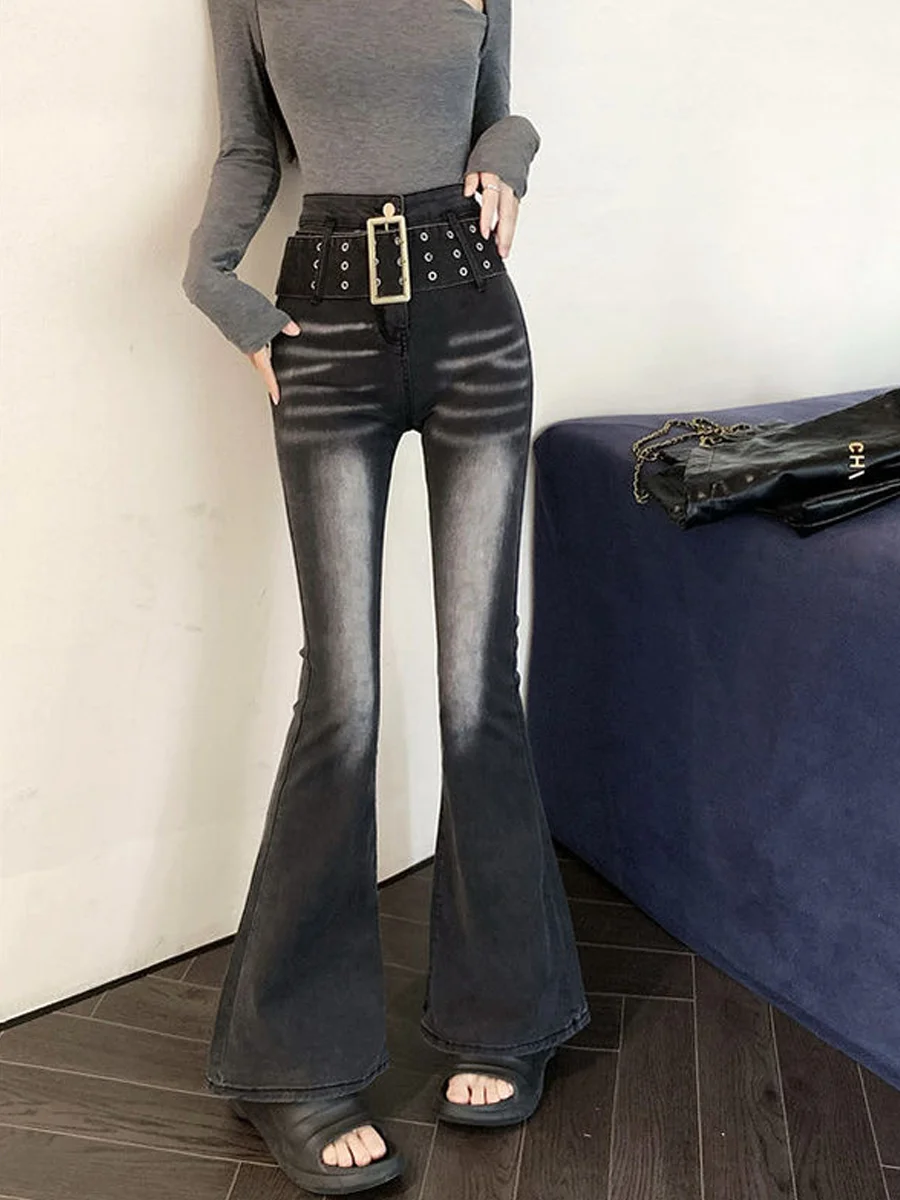 

Ретро джинсы-клеш с высокой талией для женщин, летние новые прямые длинные брюки из эластичного денима с эффектом похудения