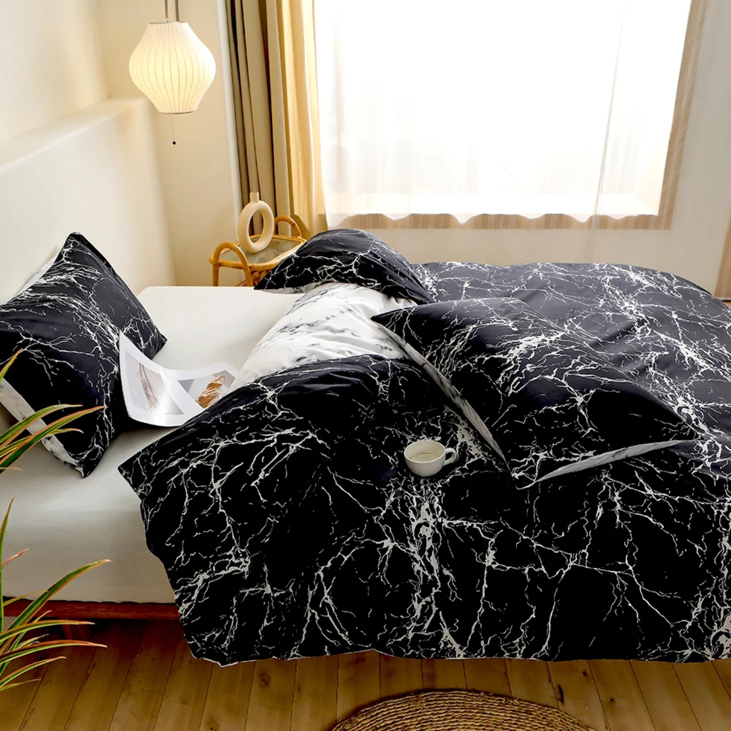 Elevate Your Bedroom with Opulent Luxurious Black Marble Patterned Bedding Set for an Unparalleled Sleep Experience. Create a St