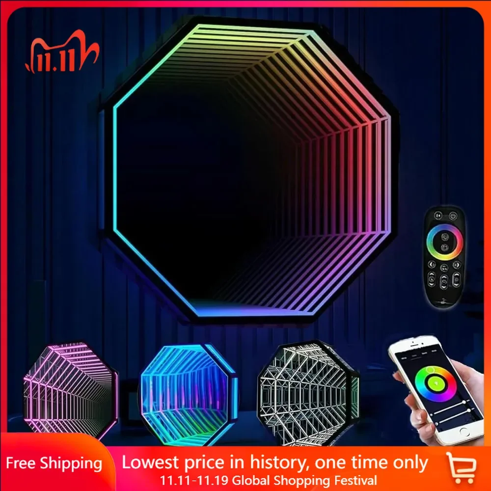 3D Infinity Mirror Tunnel Light,APP Remote Control LED Sensory Infinity Mirror Light, Infinity Light Wall Hanging Lights,30cm