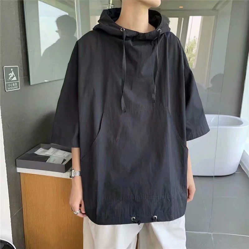 Summer Half Short Sleeve Men Hooded Pullover Solid Hip Hop Fashion Punk Student  Oversized Clothes Black Grey Cool Pockets Tops