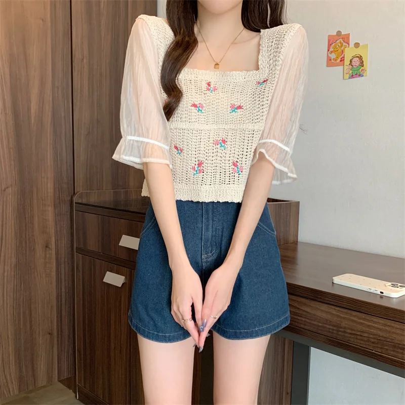 Embroidery Floral Crochet Knit Top with Chiffon Sleeve Square Neck Open-knit Blouse Top Women Spring Summer Fairycore Outfit