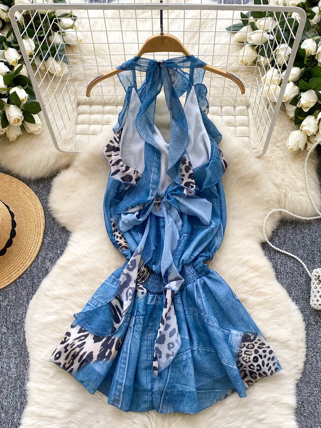 Foamlina Abbigliamento per le vacanze estive Mini abito corto senza maniche Vita da ragazza Skinny Halter Bretella Abiti con stampa bordo volant