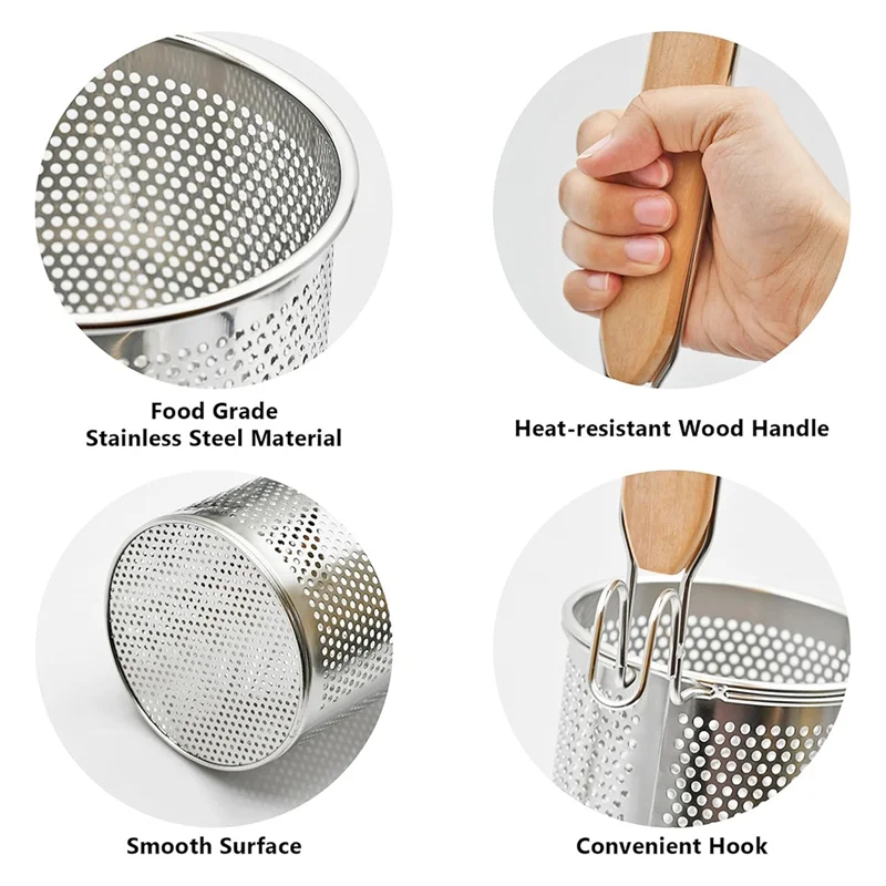 

2025 Trendstainless Steel Pasta Strainer, 2Pcs Food Dumpling Noodle Strainer With Wood Handle Straining Noodles Pasta Baskets
