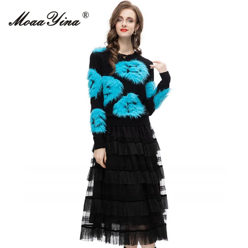 

MoaaYina Spring Autumn Fashion Runway Vintage Casual Skirt Set Women Elastic Knitting Sweater+Tassels Spliced Skirt 2 Pieces Set