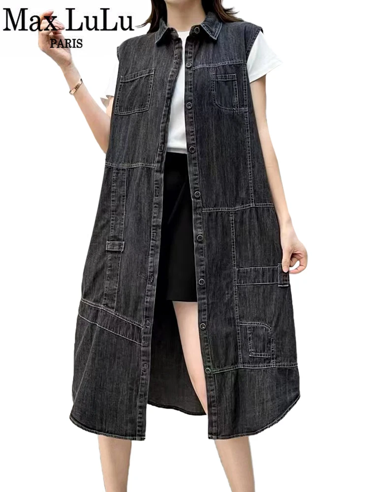 Max LuLu 2024 Autumn Womens Fashion Denim Sleeveless Coats Loose Long Vests Ladies Classic Vintage Waistcoats Leisure Clothing