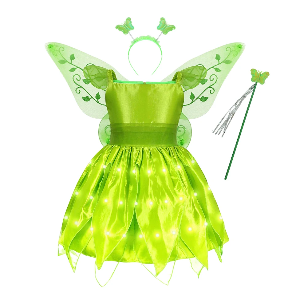 Disney Princess Tinkerbell LED Light Up Dress for Girls Coasplay Tinker Bell Halloween Costume Party Carnival Evening Dresses